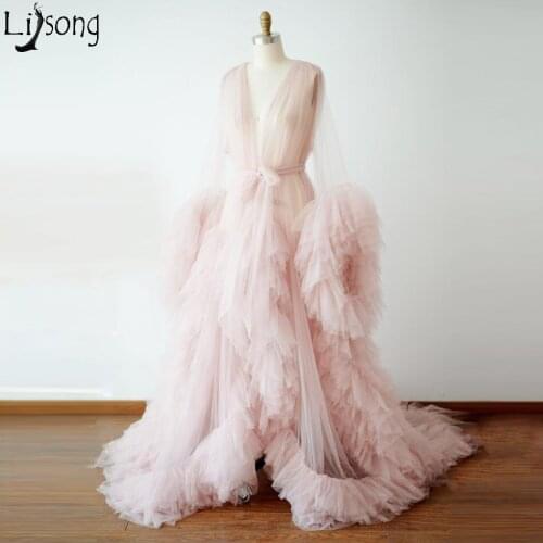 Pink Deep V Neck Evening Dress Robe De Soiree Long Sleeves Illusion Tulle Abiye Pageant Party Dresses 2020 Prom Gowns Vestidos