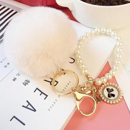 15Pcs/lot Party Favors Lazy Rabbit Fur Ball Pearl Key Chain Pendant Plush Car Keyrings For Womens Bag hanging Gift Souvenir