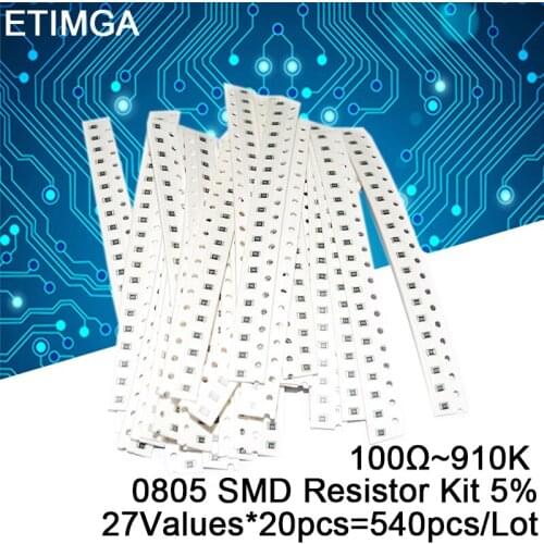 540pcs/Lot 0805 SMD Resistor Kit 5% Tolerance 100Ω ~ 910K 27Values x 20pcs Chip Fixed Resistor Sample Bag
