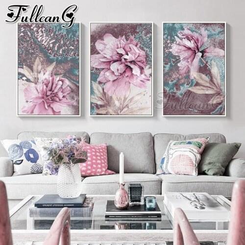 FULLCANG 5d diy diamond embroidery sale pink flower diamond painting triptych full square round drill home decoration FC2994