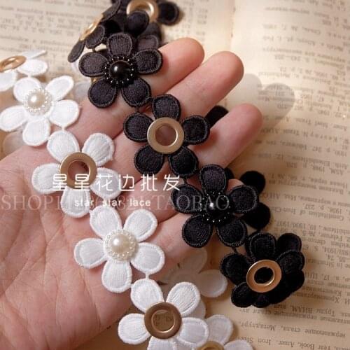 Gold Metal Chain Cotton Beaded Embroidered Fabric Flower Lace Trim Appliques Handmade DIY Sewing Supplies Wedding Decoration