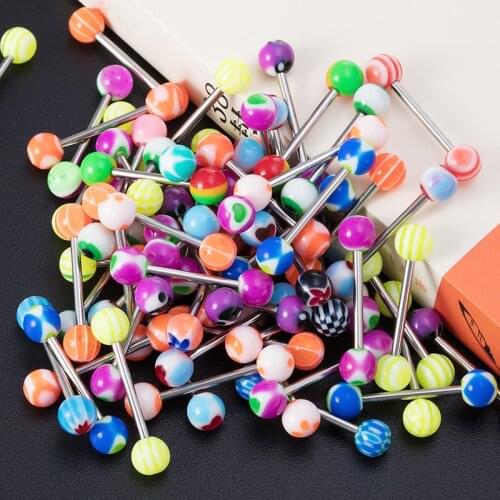 10-50pcs Acrylic Tongue Ring Barbell Stud Nipple Rings Piercing Ear Cartilage Tragus Tongue Bar Stainless Steel Body Jewelry 14G