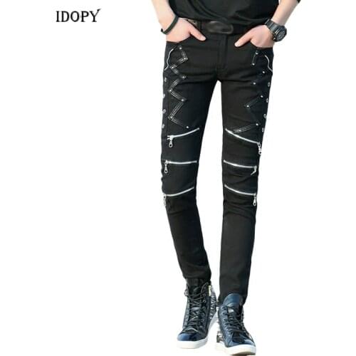 Idopy Fashion Slim Fit Pants Punk Style Black Patchwork Leather Zippers Dance Night Club Gothic Cool Jeans Trousers For Men