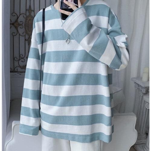 Mens T Shirt Autumn Striped Long Sleeve O Neck Korean Fashion Harajuku Japan Retro Loose Casual Vintage Unisex Cotton Clothing