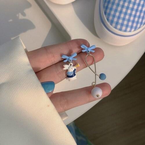 Japan New Original Design Lovely Rabbit Blue Bow Asymmetry Oorbellen For Women Fashion Jewelry Sweet Earrings