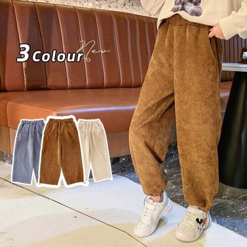 Autumn Pants Girls Loose Corduroy Wide Legs Trousers 2021 New Children Retro Elastic Waist Pocket Casual Pants Teenage Clothing
