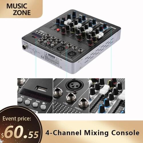 Professional 4-Channel Mixing Console Mic Line Audio Mixer Mixing Console Mixer with 3-band EQ 48V Phantom Power USB Interface