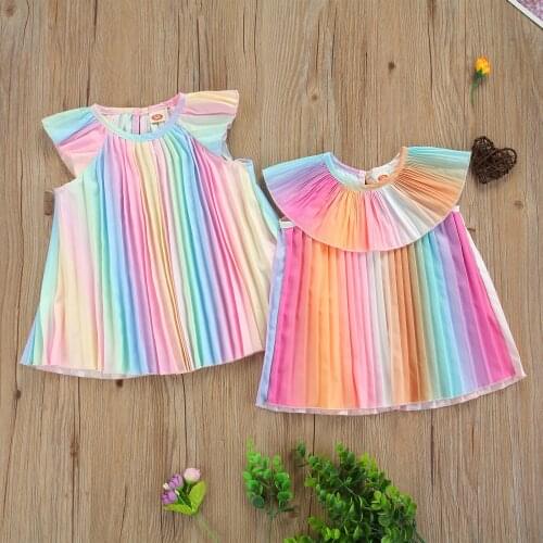 2021 0-3Y Sweet Toddler Girls Dress Kids Princess Gradient Color Round Neck Fly Sleeve Ruffle Pleated Sundress for Summer