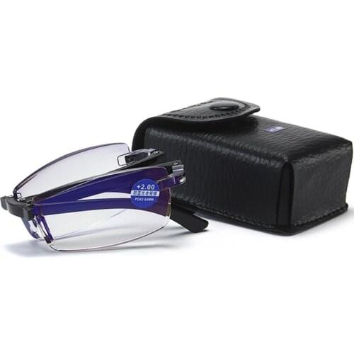 Foldable Reading Glasses Men Women Anti Blue Light Ultralight Rimless Folding Presbyopia Glasses with Case Square