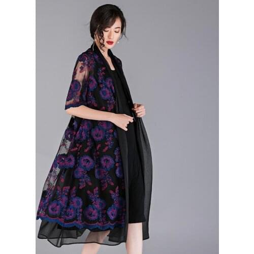 Silky mesh trench female plus size embroidery windbreaker kimono female oversize vacation silk lace trench outerwear wq1454