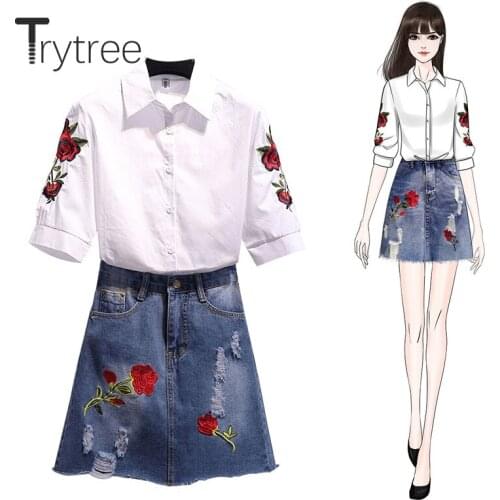 Trytree 2020 Summer Two piece set Casual Turn-down Collar Single Breasted Embroidery Top + Skirt Mini Fashion Set 2 Piece Set