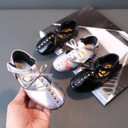 JY Children Girls Bright Pu Shoes Flat Casual Princess Girl 21-30 Black Sliver P02