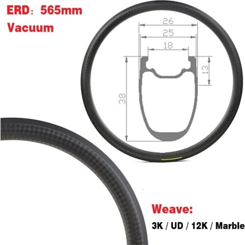 High-End Vacuum Clincher Carbon Rim 700C Road Bike Wheel Rim OEM Depth 38mm Width 25mm Bike Bicycle Rim 3K / UD / 12K / Marble