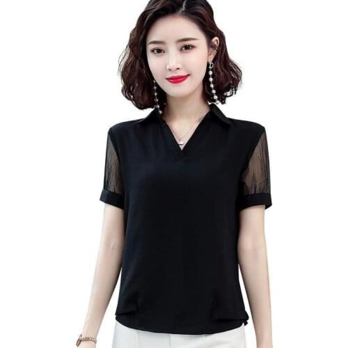Women Spring Summer Style Chiffon Blouses Shirts Lady Casual Short Sleeve Turn-down Collar Solid Color Blusas Tops ZZ0394