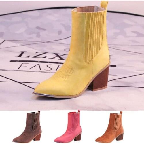Womens Mid-Calf Boots Chunky High Heel Chelsea Women Boots Cover Embroidered Wedge Female Boot Autumn Pointed Toe Ladies Shoes