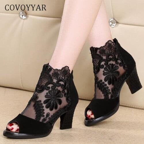 COVOYYAR Summer Women Boots Embroidered Sexy High Heels Mesh Spring Shoes Woman Lace Peep Toe Party Lady Pumps Shoes WBS420
