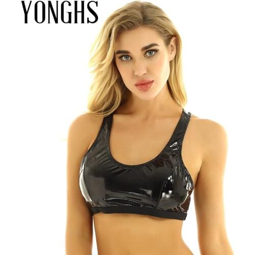 Womens Lingerie Bar Top for Pole Dance Wet Look Patent Leather Rave Costume Deep U-neck Sleeveless Racer Back Cropped Vest Tops