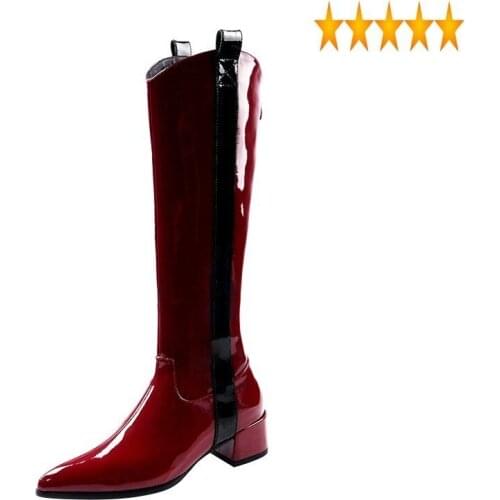 High Retro Patent Leather Knee Knights Women Luxury Mixed Colors Designer Shoes Pointed Toe Cowboy Ladies Motorcycle Boots