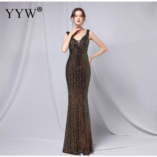 2021 Striped Sequines Evening Party Dresses Women Sleeveless Long Mermaid Prom Gowns Vestidos Eleagnt Robe De Soiree De Mariage