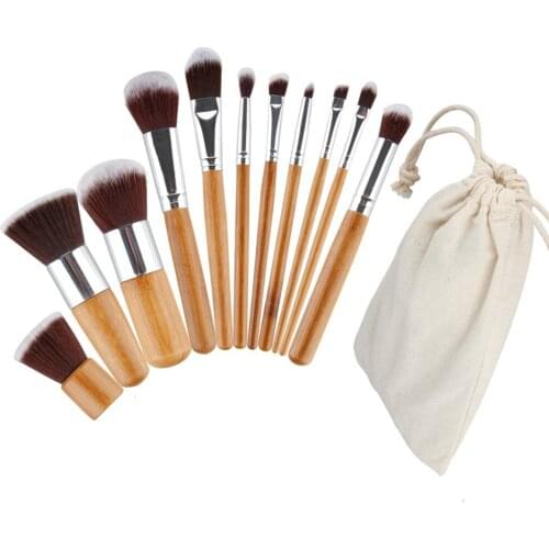 Wholesale Excellent 11pcs Makeup Brush Natural Bamboo Handle Foundation Eyeshadow Blush Cosmetic Makeup Brush With Pouch 100sets