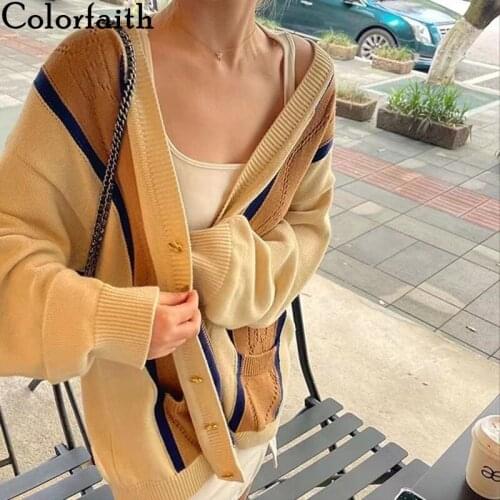 Colorfaith New 2021 Autumn Winter Womens Sweaters Vintage Buttons Cardigans Knitwears Oversized Fashionable Lady Tops SWC1521JX