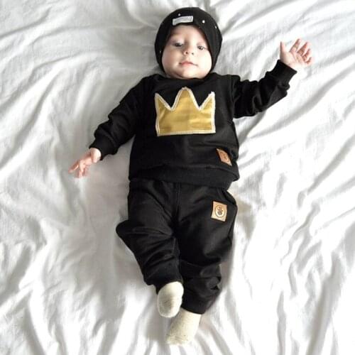 Childrens clothes in the spring and autumn outfit child long suit the infant child baby two-piece crown embroidered black