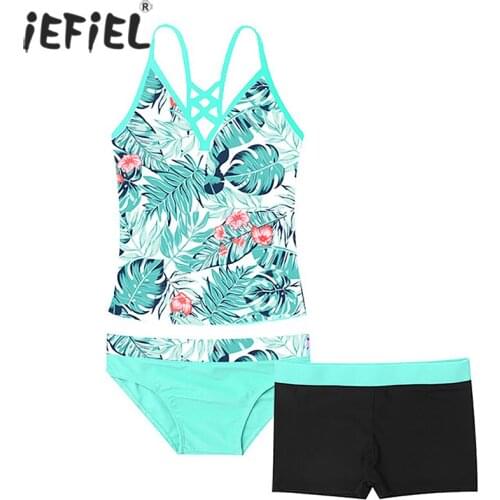 Kids Girls Tankini Set Floral Print V Neck Sleeveless Swimsuit Beachwear Bathing Suit Tops with Bottoms Shorts Bikini Swimwear
