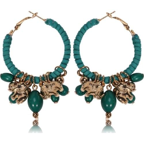 Handmade Ethnic Boho Resin Beads Tassel Earrings Vintage Lucky Elephant Charms Hoop Ear Ring Summer Beach Style JEwelry Women