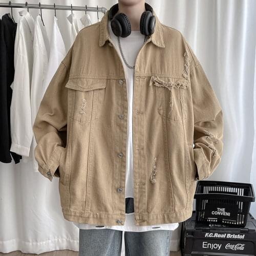 Cotton Ripped Denim Jacket Mens Fashion Retro Casual Pocket Denim Jacket Mens Streetwear Korean Loose Hip-hop Bomber Jacket Men
