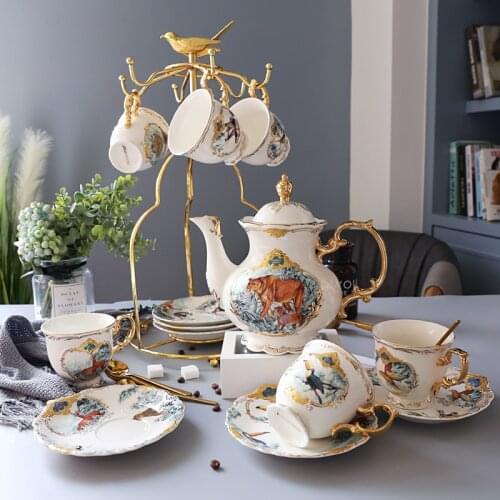 Fantsy Jungle Ceramic Coffee Drinkware Set With Teapot Teacups Holder European Office Teahouse Drinking Utensil