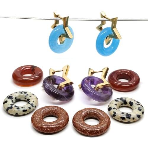 Star Ring 1Pair 26 Colors 20mm Stone Stainless Steel Golden Earrings Pentagram Natural Semi-precious Stone Fashion Earrings