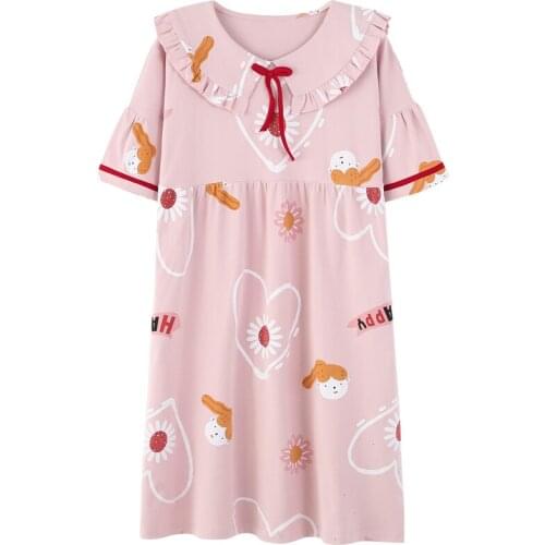 Summer 100% Cotton Short Sleeve Sleepdress Cartoon Printing Nightgown Women Loose Casual Womens Sleepwear Homewear Plus Size 2xl