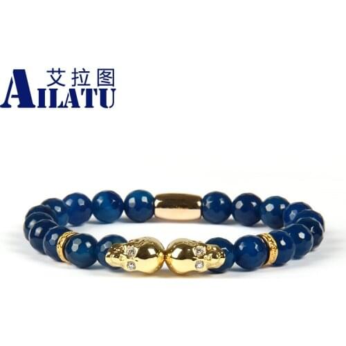 Ailatu Fashion Jewelry Wholesale 8mm Faceted Blue Onyx Stone Micro Pave Double Skull Beaded Bracelet for men