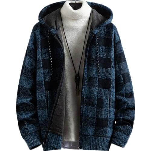 Mens New Autumn Winter Plaid Casual Hooded Cardigan Cashmere Thickening Warm Sweater Male Zipper Add Wool Knit Jacket Coat