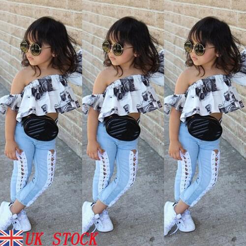 New 2PCS Kids Outfit Girl Off Shoulder T Shirt Bandage + Long Pants Leggings Denim Outfit Children Clothes Set
