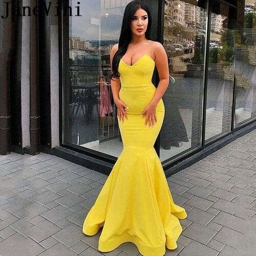 JaneVini Simple Yellow Mermaid Prom Dresses 2019 Strapless Candy Color Backless Sexy Long Evening Dress Arab Ladies Formal Wear