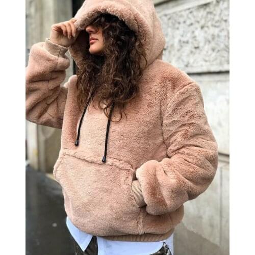 Pullover Hooded Lace Up Plush Sweatshirt Womens Plus Size Warm Casual Solid Color Loose Versatile Multicolor Lady Top