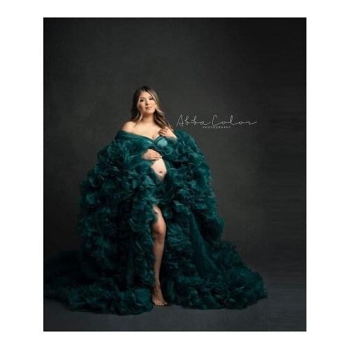 Luxury Puffy Maternity Robes Custom Made Long Sleves With Waistband Floor Length With Train Fluffy Organza Pregnancy Gowns