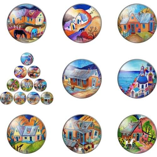 Hand-painted Country Life Wooden House 12mm/20mm/25mm/30mm Photo Glass Cabochon Demo Flat Back Making Findings