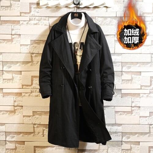 Autumn Winter Mens Fleece Lining Thick Warm Long Trench Coat Double Breasted Plus Size M-5XL Black Army Green M35