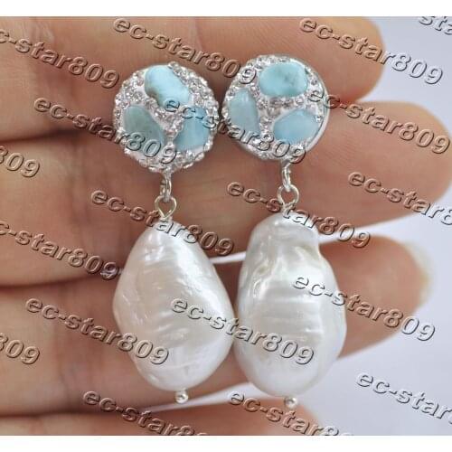 Z11394 23mm White Baroque Keshi Reborn Pearl Aquamarine Dangle Earring CZ
