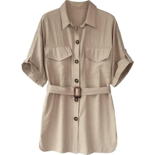 PERHAPS U Women Black Khaki Sash Short Sleeve Turn Down Collar Loose Casual Long Shirt Pocket B0300