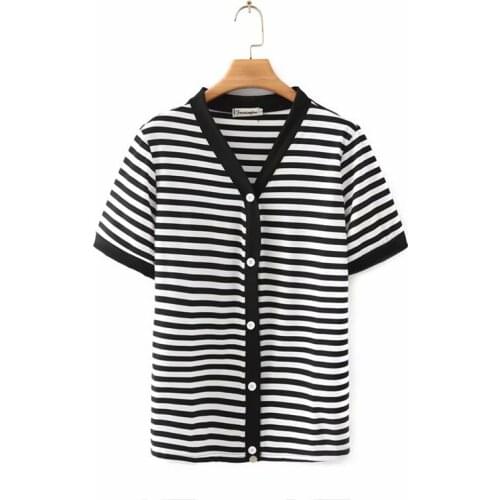 Plus size button red black struped cotton women T-shirt 2021 fashion summer t shirt short sleeve V Neck ladies tee shirt femme