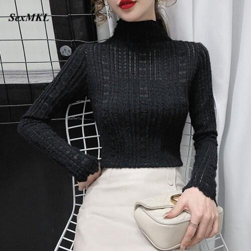 Women Black Lace Blouses 2021 Spring Fashion Long Sleeve Hollow Out Ladies Tops Turtleneck Korean Clothes Sexy Summer Blouse XXL