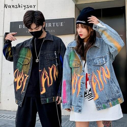 Autumn New Color Graffiti Letter Print Denim Jackets Women Streetwear 2021 Hip Hop Fashion Couple Jean Coat Casual Bomber Jacket