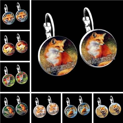 New Cute Fox and Flower Women Stud Earrings Fashion Jewelry Trendy Colorful Fox and Plant Glass Cabochon French Earring