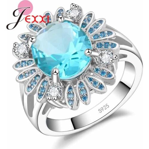 Women Elegant Shiny Blue Crystal Flower Jewelry Exaggerate Women Finger Ring Solid 925 Sterling Silver Bijoux Size 6-10