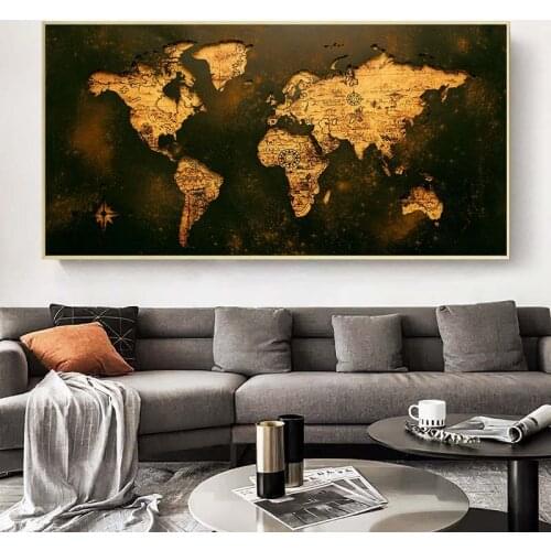 Abstract Golden World Map Poster Vintage Canvas Painting Big Size Poster Print Wall Cuadros Art Picture for Room Hoom Decoration