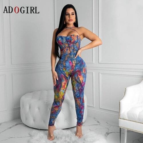 Adogirl Sexy Women Tie Dye Print Jumpsuit Bodycon Blackless Party Club Jumpsuit Female One Piece Outfits Overalls Plus Size