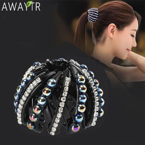 AWAYTR Crystal Pearl Rhinestone Hair Claws Horsetail Buckle Plastic Girl Headdress Resin Bird Nest Hairpin Clip Hair Accessories